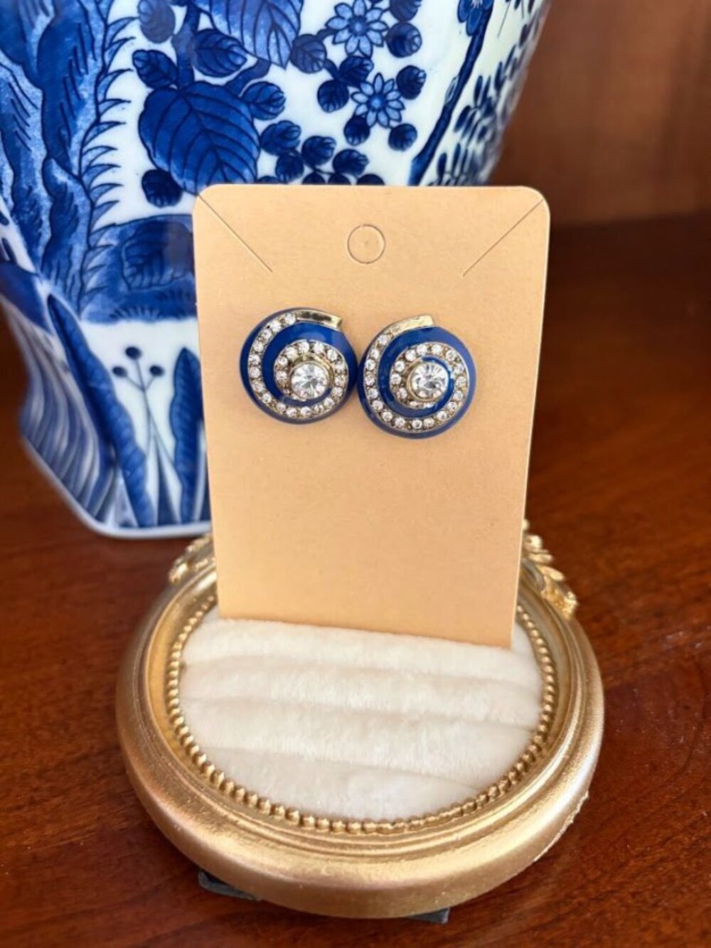 Coldwater Creek Blue Enamel & Crystal Swirl Shell Clip-On Earrings Vintage 3/4"